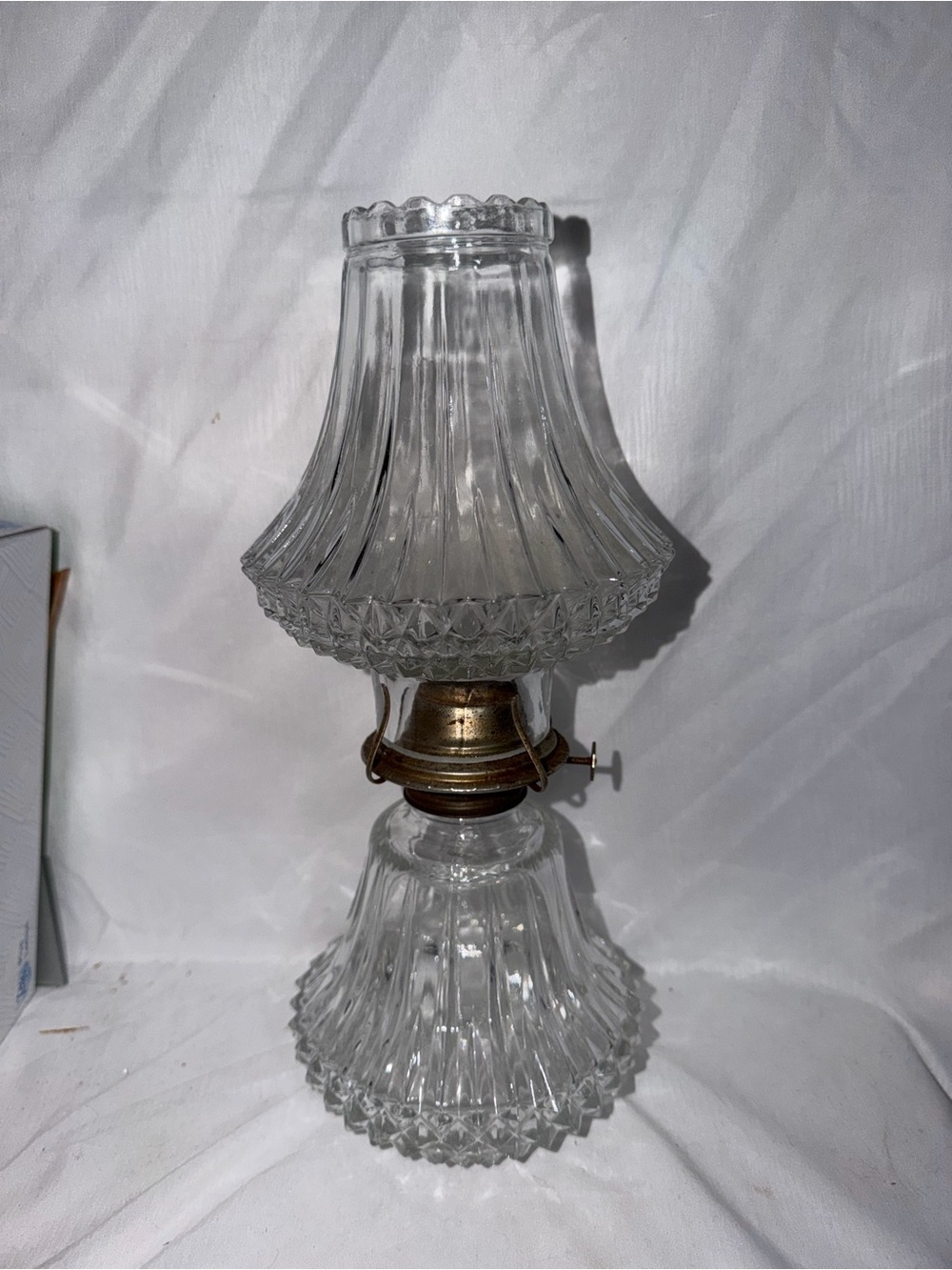 Clear Pressed Glass Hurricane Oil Lamp Eagle Burner Diamond Pattern 12 in